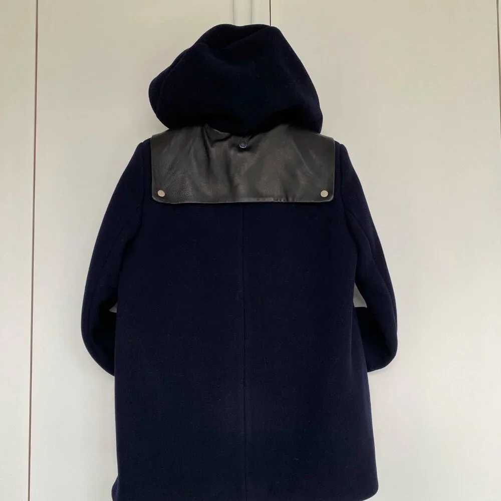 Sandro Women's Navy Wool Coat with Black Leather Trim, Size 40 - Picture 4 of 6